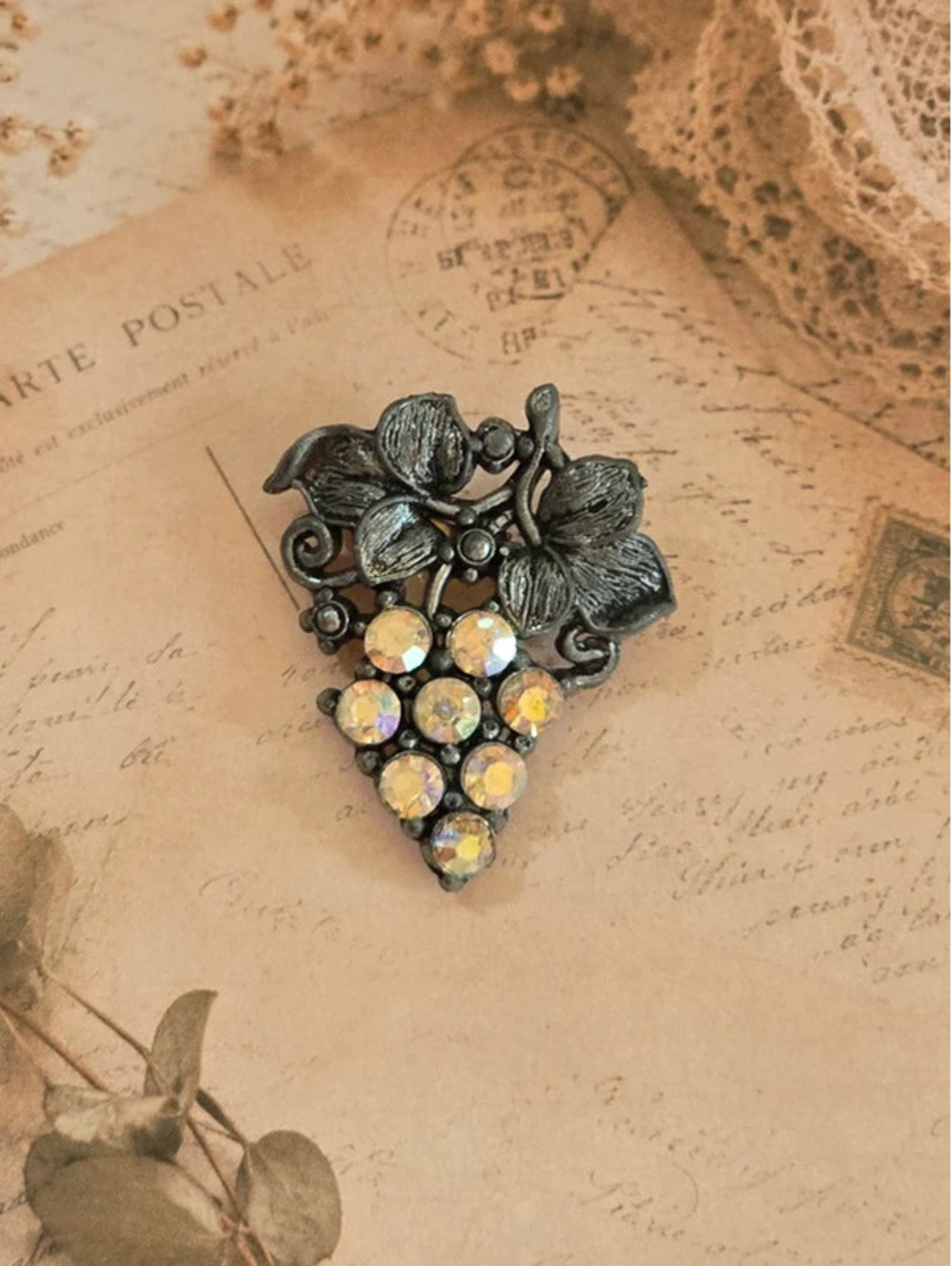 Vintage Aurora Borealis Rhinestone Grape Cluster Brooch Pin
